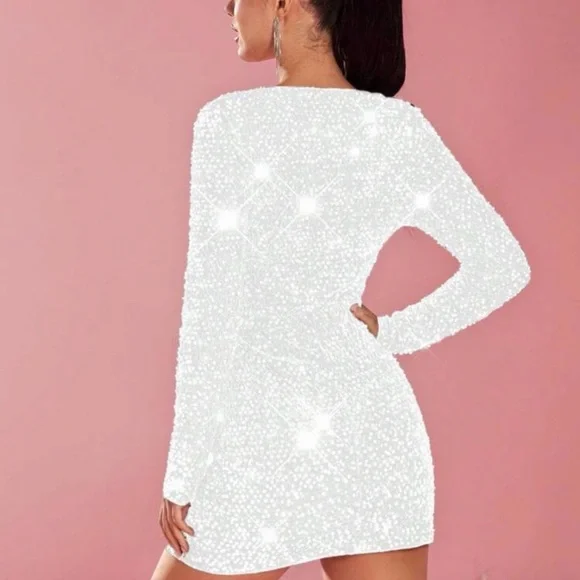 SHEIN White Long-Sleeve V-Neck Sparkle Mini Dress - Picture 2 of 2